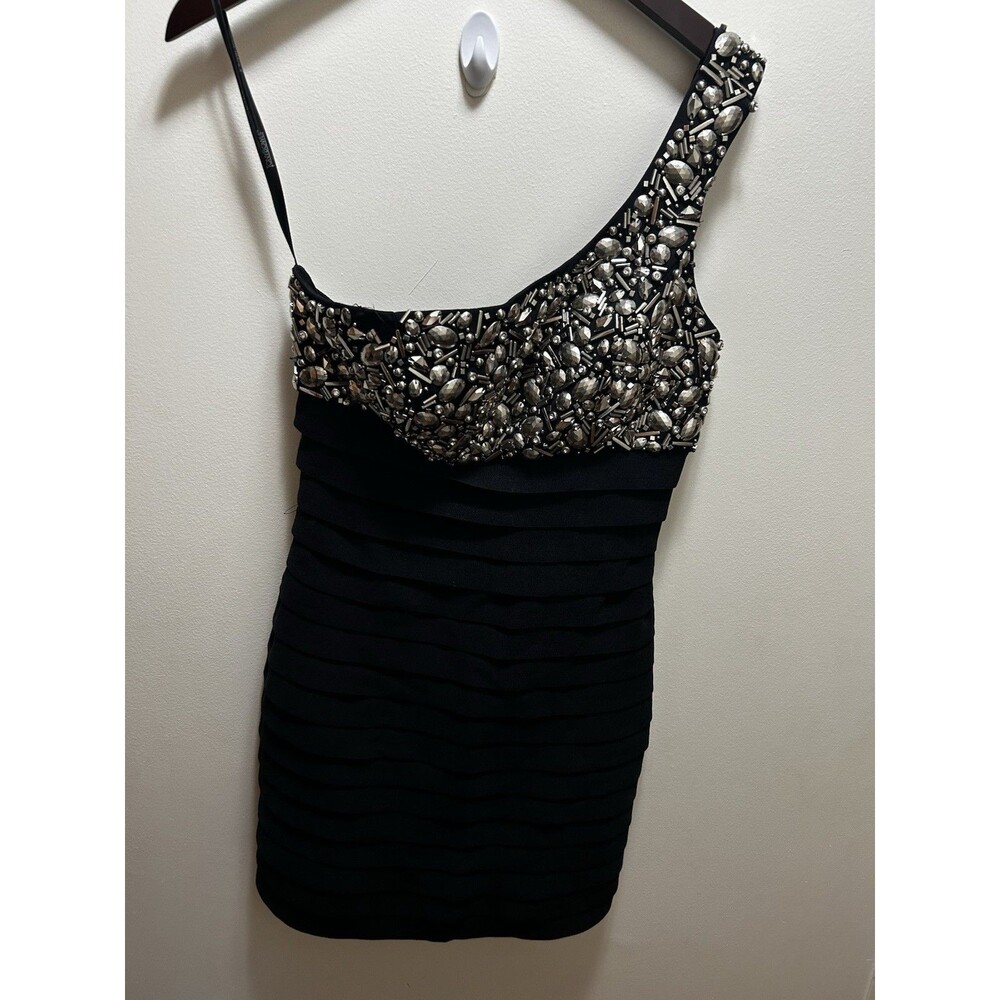 Tony Bowls Black One Shoulder Dress 8 Beaded Bandage Cocktail Bodycon Glam Y2K
